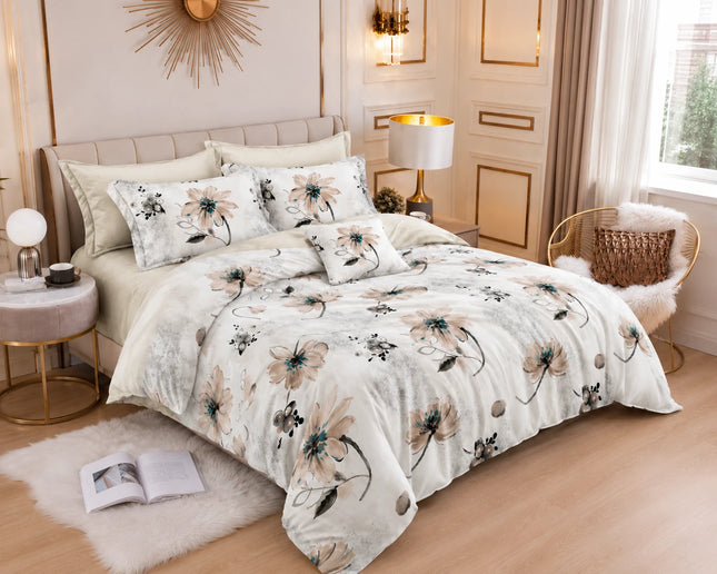 Lenjerie de pat Finet 6 piese cu husă elastic, floral alb – imagine 2