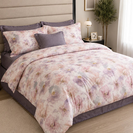 Lenjerie de pat Finet 6 piese cu husă elastic, floral roz – imagine 1