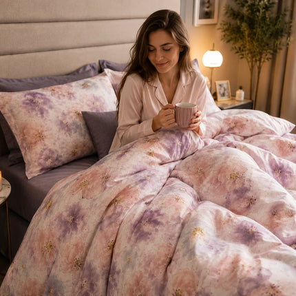 Lenjerie de pat Finet 6 piese cu husă elastic, floral roz – imagine 6