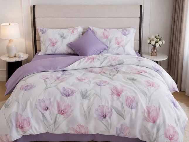 Lenjerie de pat Finet 6 piese cu husă elastic, floral alb – imagine 1