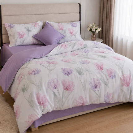 Lenjerie de pat Finet 6 piese cu husă elastic, floral alb – imagine 2