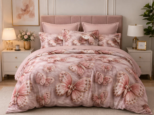Lenjerie de pat Finet 6 piese cu husă elastic, floral roz – imagine 1