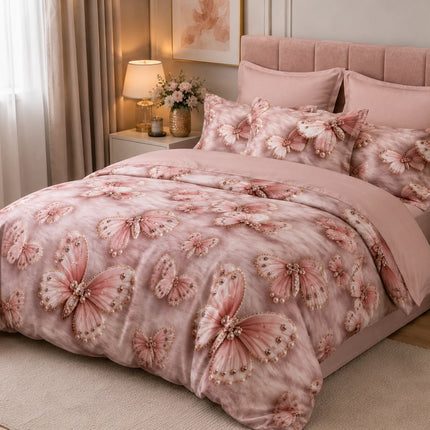Lenjerie de pat Finet 6 piese cu husă elastic, floral roz – imagine 2
