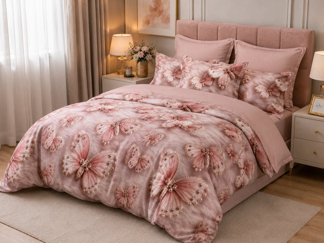 Lenjerie de pat Finet 6 piese cu husă elastic, floral roz – imagine 2