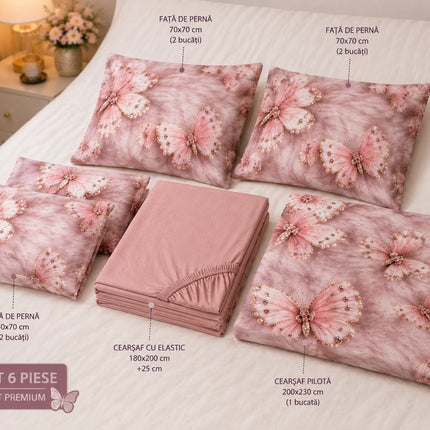 Lenjerie de pat Finet 6 piese cu husă elastic, floral roz – imagine 6