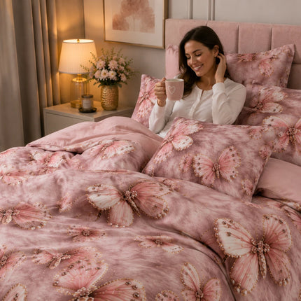 Lenjerie de pat Finet 6 piese cu husă elastic, floral roz – imagine 4