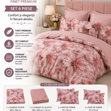 Lenjerie de pat Finet 6 piese cu husă elastic, floral roz – imagine 5