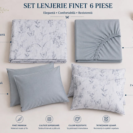 Lenjerie de pat Finet 6 piese cu husă elastic, floral alb – imagine 5