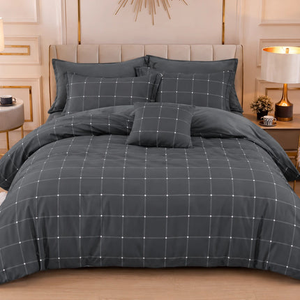 Lenjerie de pat Finet 6 piese cu husă elastic, carouri gri – imagine 1