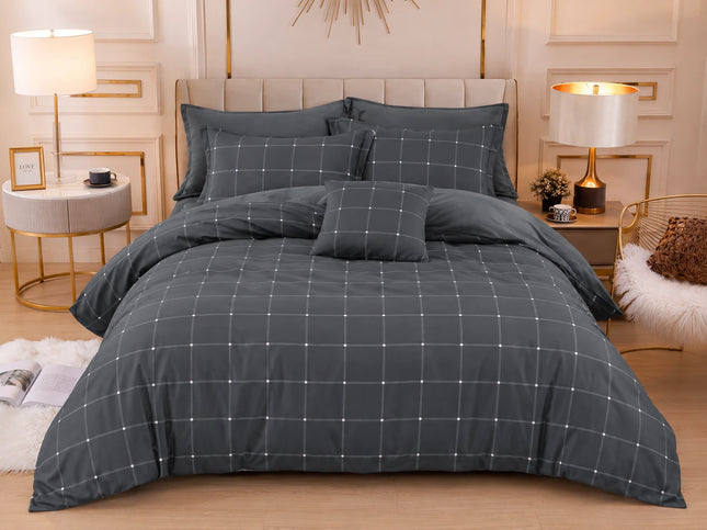 Lenjerie de pat Finet 6 piese cu husă elastic, carouri gri – imagine 1