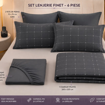 Lenjerie de pat Finet 6 piese cu husă elastic, carouri gri – imagine 6