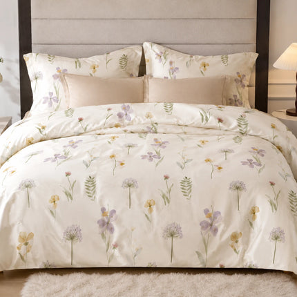 Lenjerie de pat Finet 6 piese cu husă elastic, floral bej – imagine 1