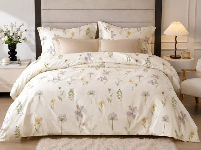 Lenjerie de pat Finet 6 piese cu husă elastic, floral bej – imagine 1