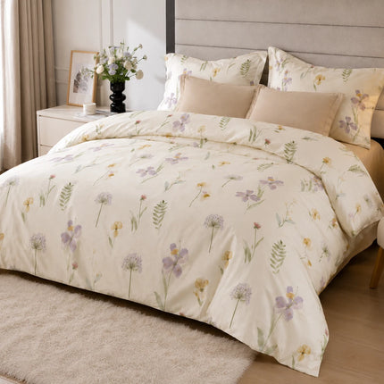 Lenjerie de pat Finet 6 piese cu husă elastic, floral bej – imagine 2