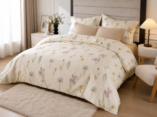 Lenjerie de pat Finet 6 piese cu husă elastic, floral bej – imagine 2