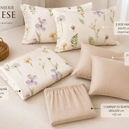 Lenjerie de pat Finet 6 piese cu husă elastic, floral bej – imagine 3