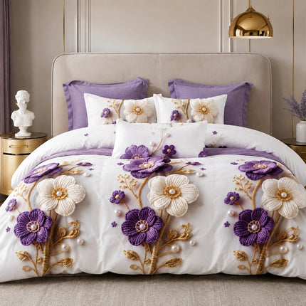 Lenjerie de pat Finet 6 piese cu husă elastic, floral alb – imagine 1