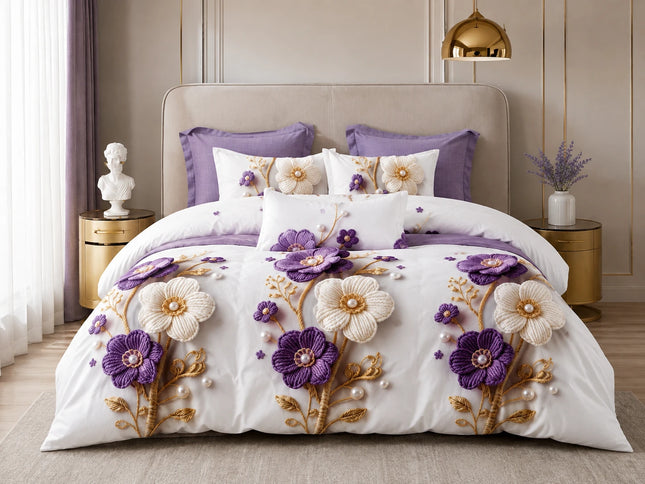 Lenjerie de pat Finet 6 piese cu husă elastic, floral alb – imagine 1