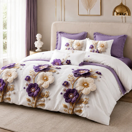 Lenjerie de pat Finet 6 piese cu husă elastic, floral alb – imagine 2