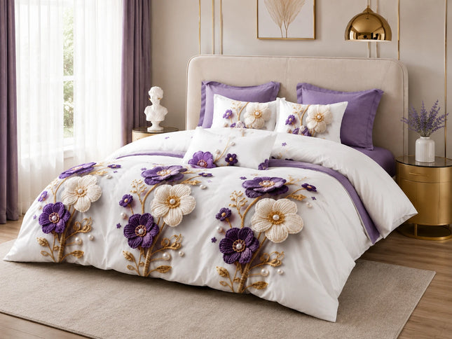 Lenjerie de pat Finet 6 piese cu husă elastic, floral alb – imagine 2