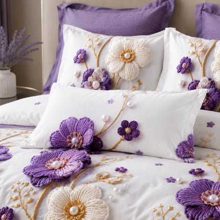 Lenjerie de pat Finet 6 piese cu husă elastic, floral alb – imagine 3