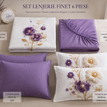 Lenjerie de pat Finet 6 piese cu husă elastic, floral alb – imagine 6