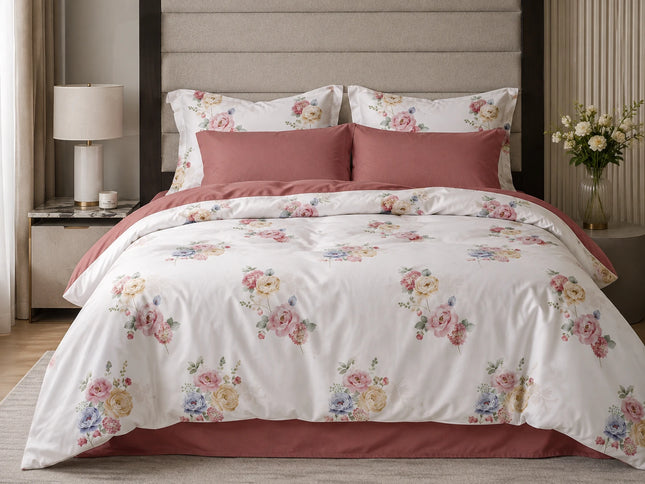 Lenjerie de pat Finet 6 piese cu husă elastic, floral alb – imagine 1