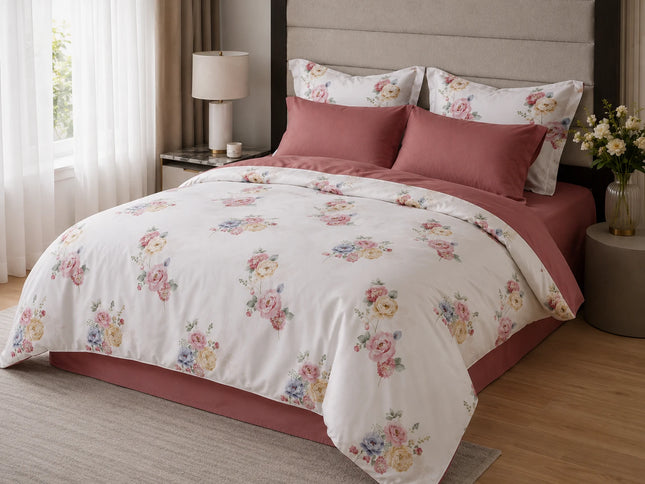 Lenjerie de pat Finet 6 piese cu husă elastic, floral alb – imagine 2