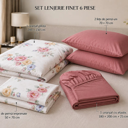 Lenjerie de pat Finet 6 piese cu husă elastic, floral alb – imagine 3