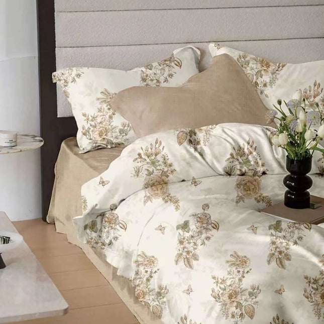 Lenjerie de pat Finet 6 piese cu husă elastic, floral bej – imagine 1
