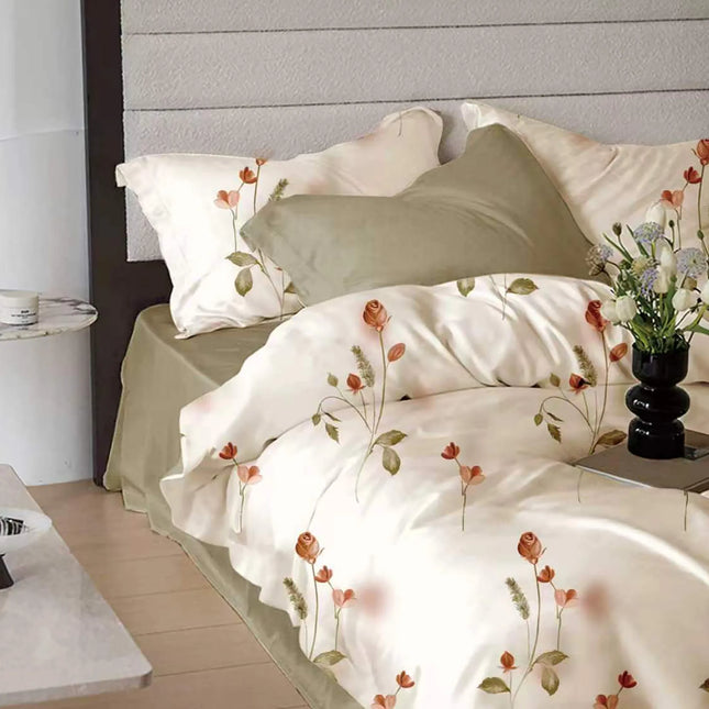 Lenjerie de pat Finet 6 piese cu husă elastic, floral bej – imagine 1