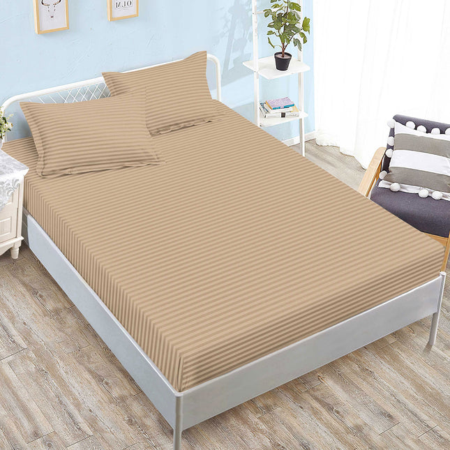 Set cearșaf cu elastic din damasc + 2 fețe de pernă, universal 160x200-180x200 cm, Maro