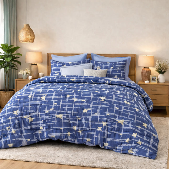 Lenjerie de pat Finet 6 piese cu husă elastic, geometric albastru – imagine 1