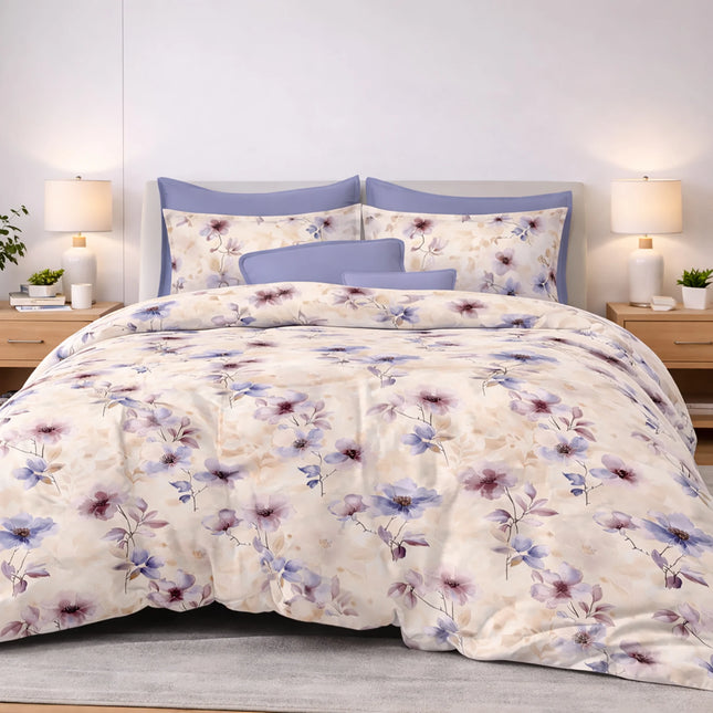 Lenjerie de pat Finet 6 piese cu husă elastic, floral bej – imagine 1