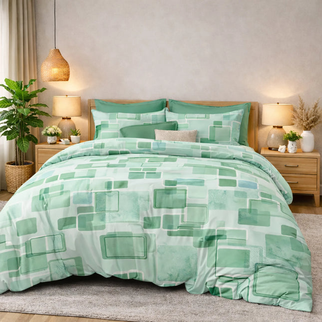 Lenjerie de pat Finet 6 piese cu husă elastic, geometric verde – imagine 1