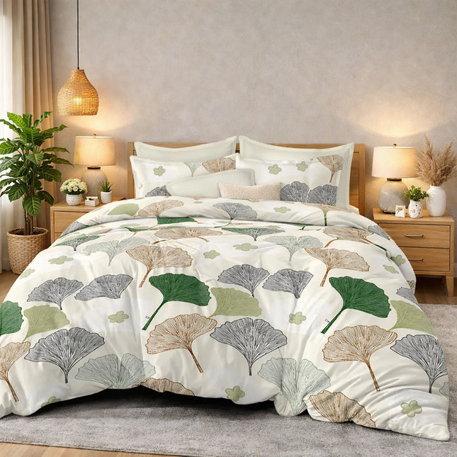 Lenjerie de pat Finet 6 piese cu husă elastic, botanic alb – imagine 1