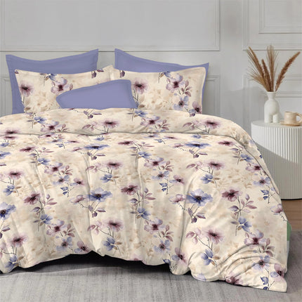 Lenjerie de pat Finet 6 piese cu husă elastic, floral bej – imagine 1