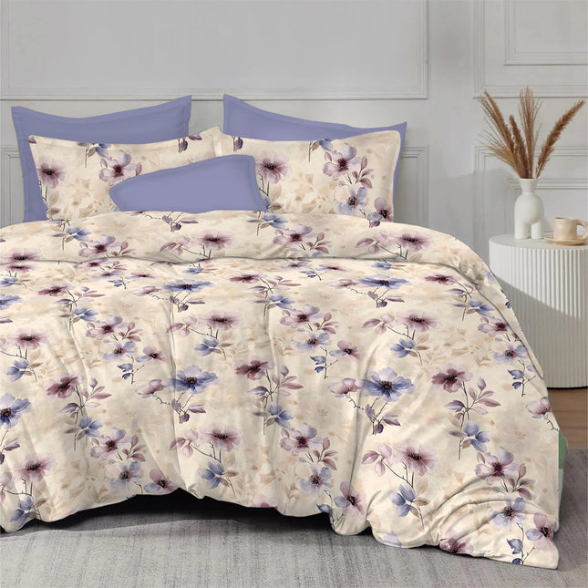 Lenjerie de pat Finet 6 piese cu husă elastic, floral bej – imagine 1