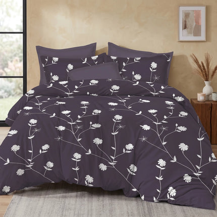 Lenjerie de pat Finet 6 piese cu husă elastic, floral mov – imagine 1