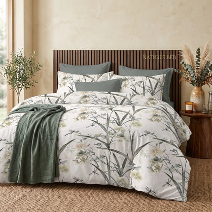 Lenjerie de pat Finet 6 piese cu husă elastic, botanic alb – imagine 1