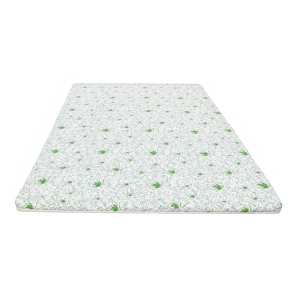 Madhome.ro white mattress topper with a subtle green leaf pattern, 3.5 cm thick foam with removable, washable cover.