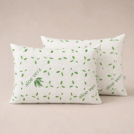 Madhome.ro set of two white pillows with green Aloe Vera leaf print and quilted texture
