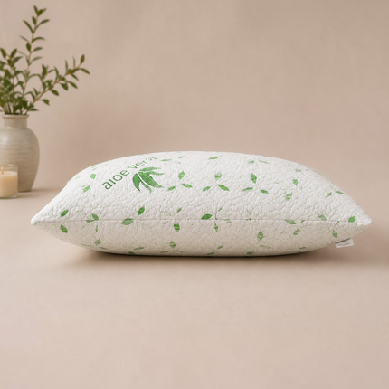 Madhome.ro Aloe Vera quilted pillow with green leaf pattern and superball filling on a neutral background