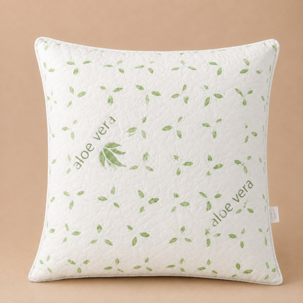 Madhome.ro Aloe Vera square pillow with white quilted fabric and green leaf pattern, soft and hypoallergenic.