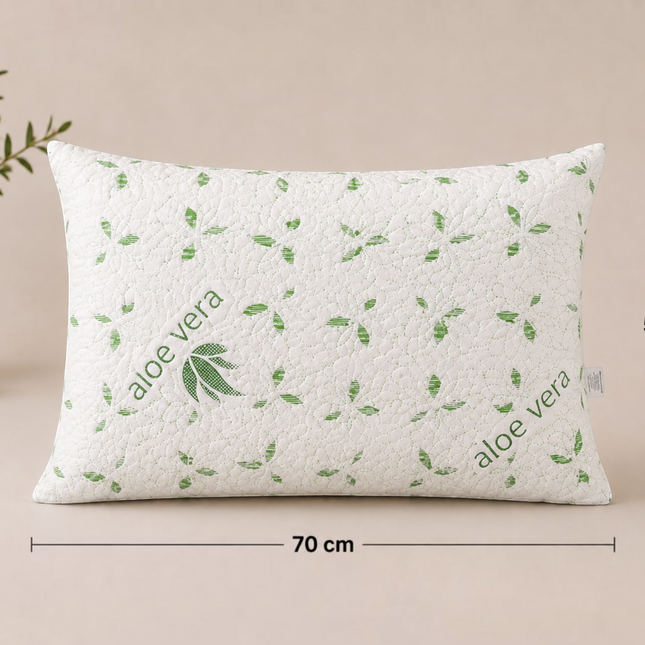 Madhome.ro Aloe Vera quilted pillow with green leaf pattern, soft-medium firmness, 50x70 cm size.