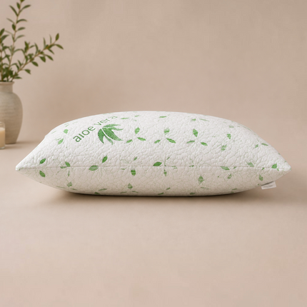 Madhome.ro Aloe Vera quilted pillow with green leaf pattern, soft hypoallergenic superball filling, side view