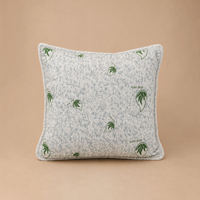 Madhome.ro square Aloe Vera pillow with a quilted white cover featuring green leaf patterns on a beige background.