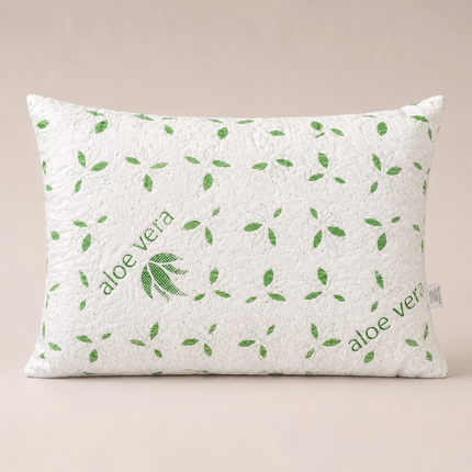 Madhome.ro white quilted pillow with green Aloe Vera leaf pattern and soft superball filling for hypoallergenic comfort