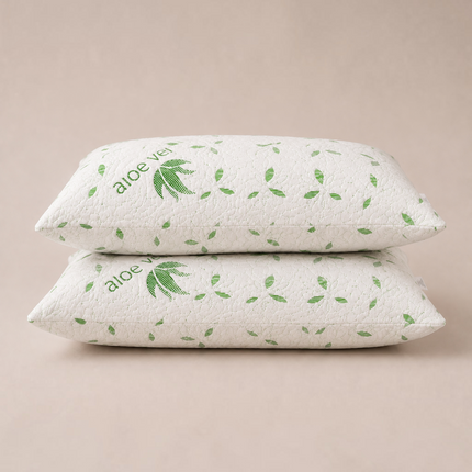 Madhome.ro set of two white quilted pillows with green Aloe Vera leaf patterns, soft superball fiber filling.