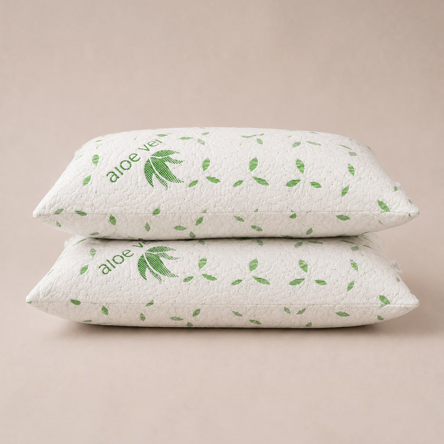 Madhome.ro set of two white quilted pillows with green Aloe Vera leaf patterns, soft superball fiber filling.